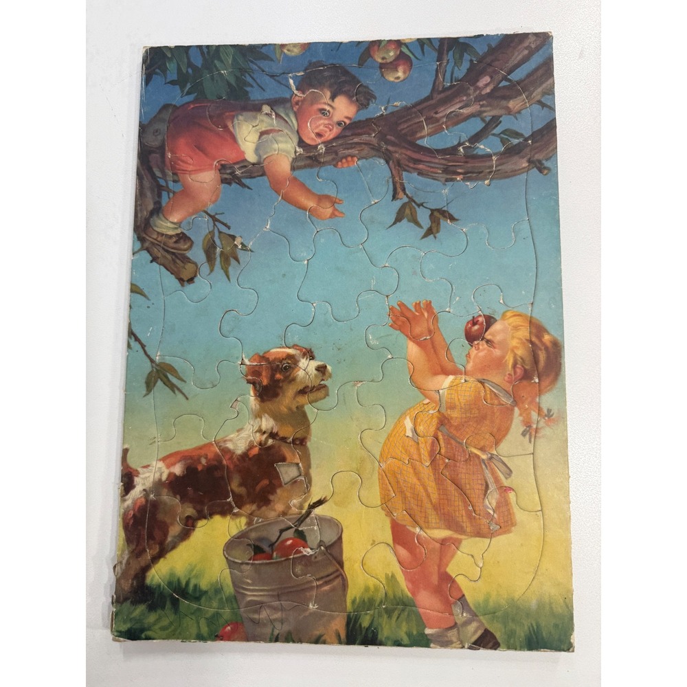 Vintage Mid Century Tray Puzzle Children Dog Picking Apples Cardboard Frame